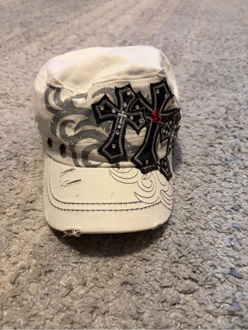 Vintage Y2K Leader LOGR Cross Military Cadet Hat White Rhinestone Gothic Grunge